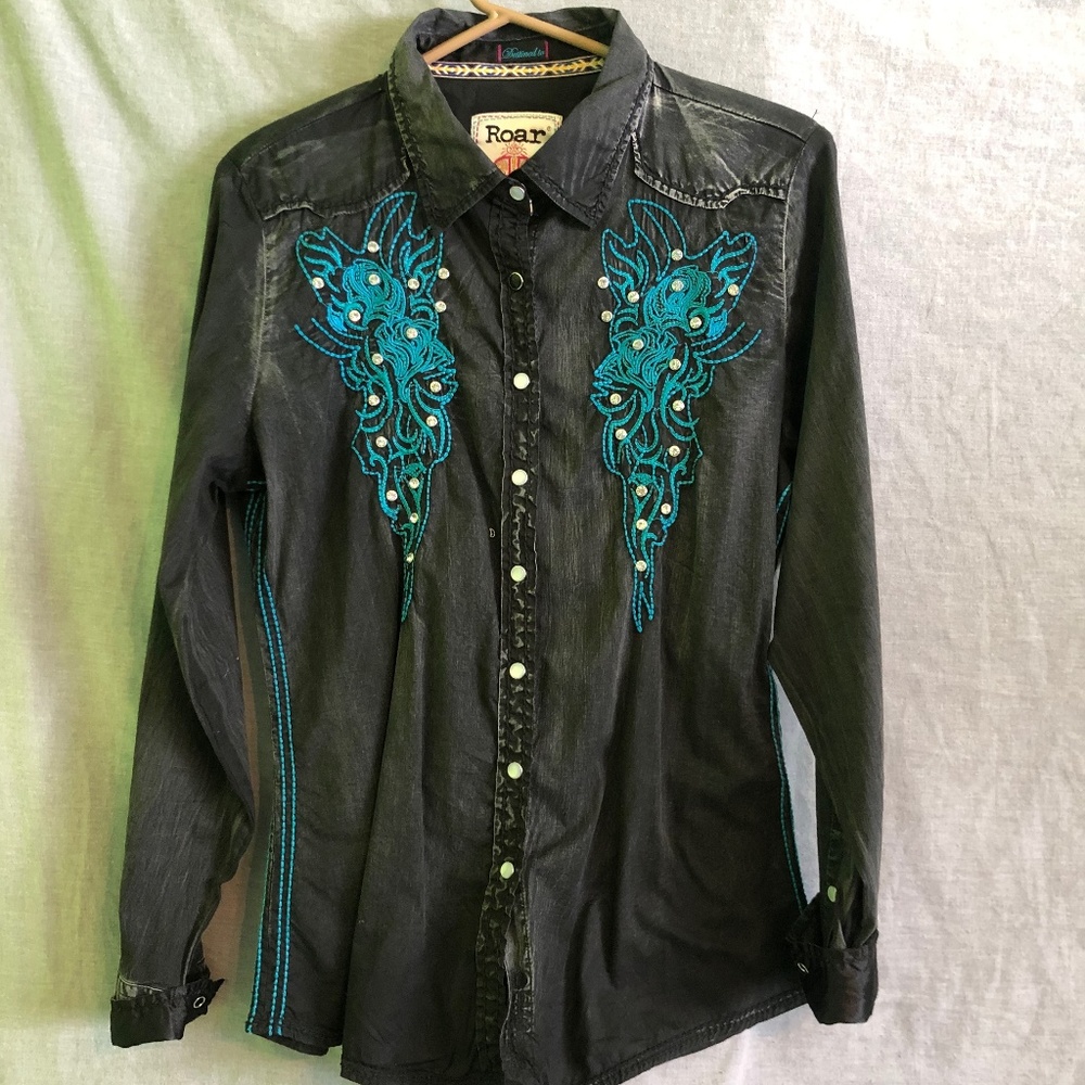 Roar Women's Shirt Black Western Cowgirl Embroider